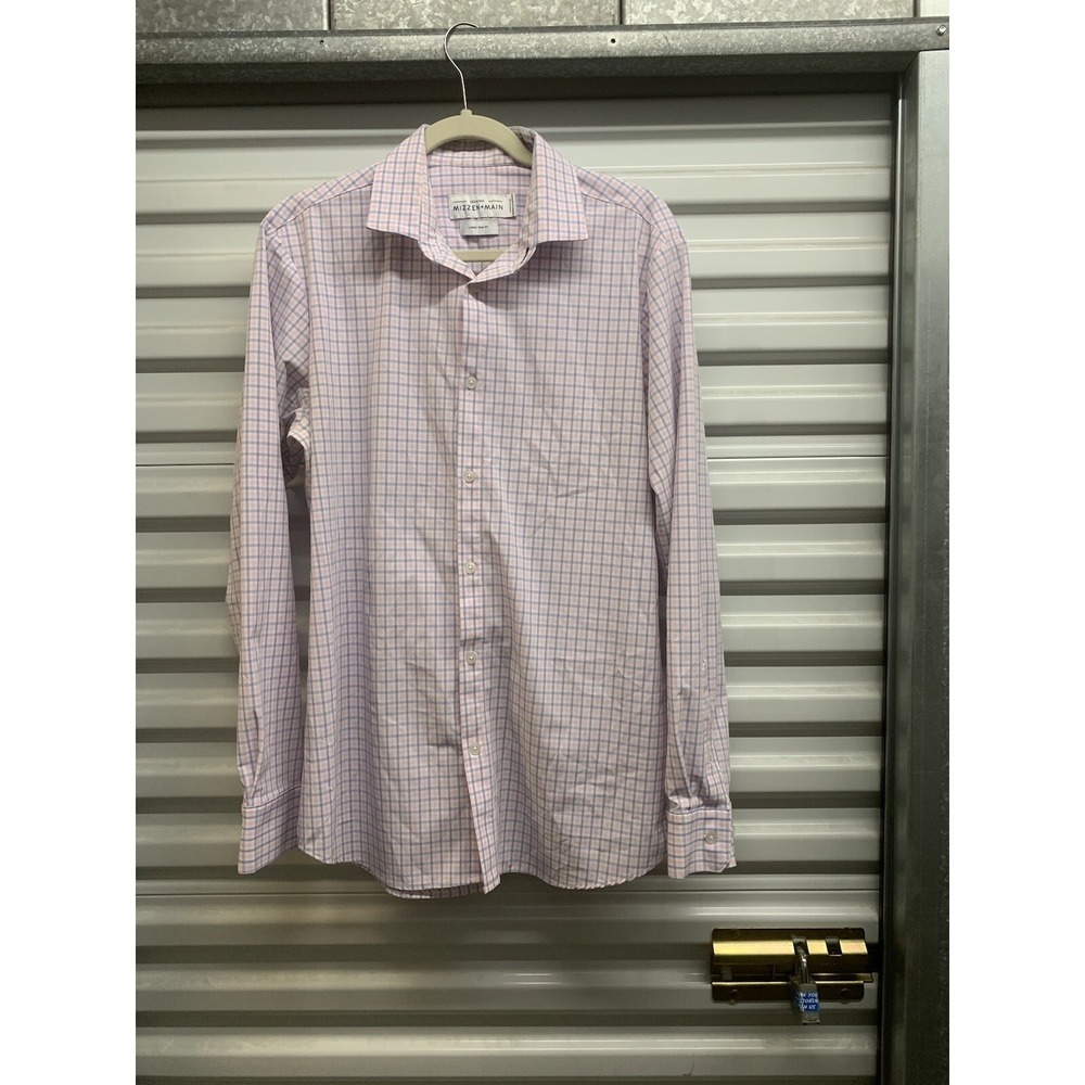 Mizzen Main Mens Dress Shirt Pink Blue Check Plaid Button Up Large Trim Fit
